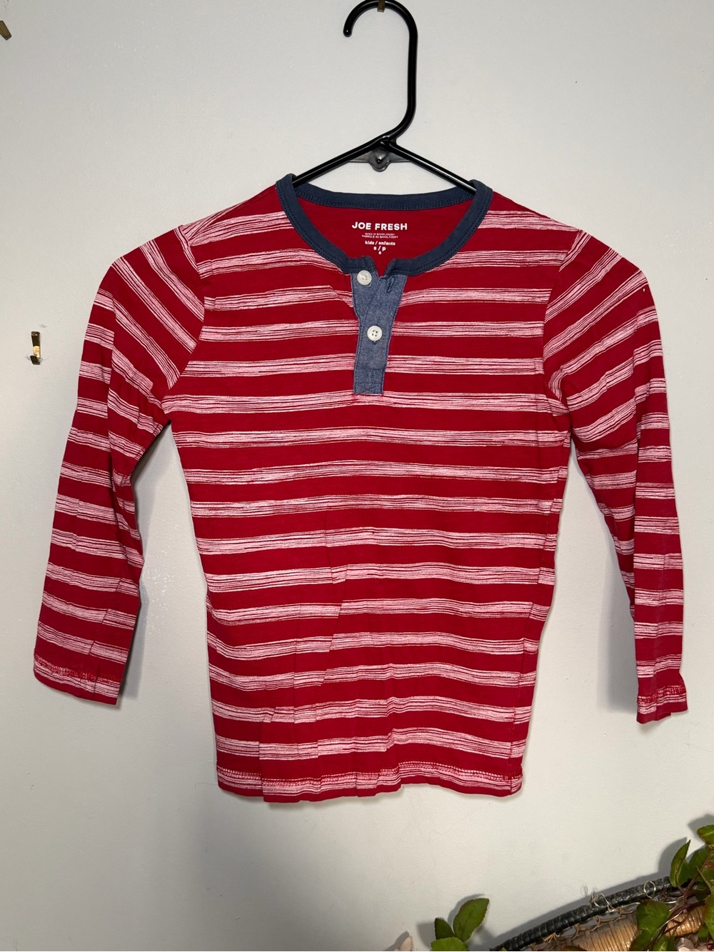 Joe Fresh Red and White Striped Long-Sleeve Henley with Navy Trim